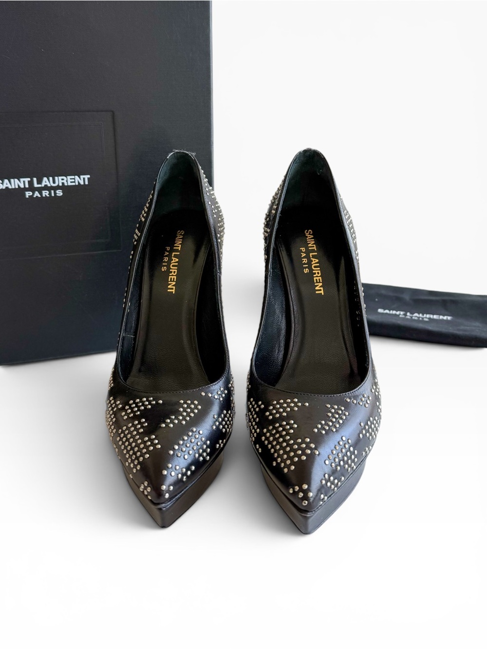 Saint Laurent YSL Janis Studded Pumps EU 38.5 Black Leather Geometric Stiletto - Picture 2 of 8